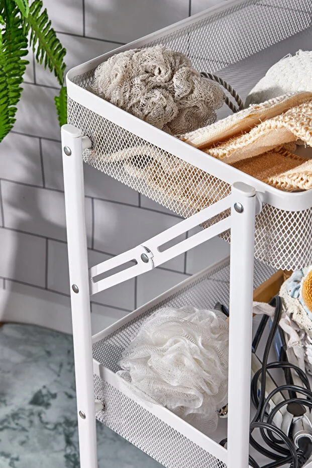 Cornella 3 Katlı Katlanır Beyaz Renk Metal Çok Amaçlı Organizer Tekerlekli Düzenleyici Dikdörtgen Sepet